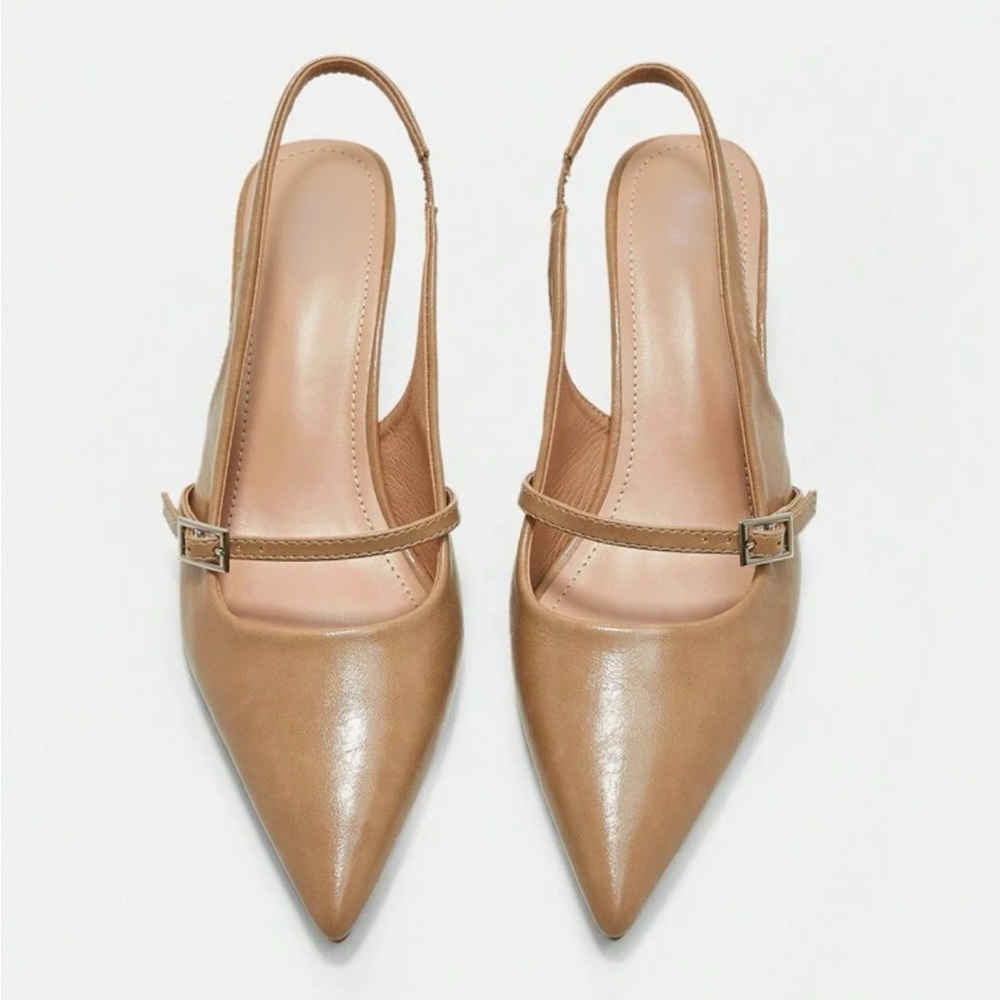 Buckle detail slingback beige / nude kitten heel pumps - Picture 3 of 7